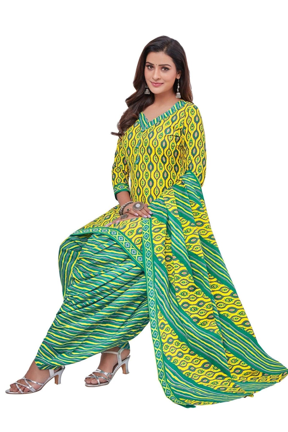 Bright Gold(Yellow) Top with Dark Aquamarine Bottom and Dupatta.Safe to Skin Cotton Patiala Dress Material Sets. - Bavis Clothing Main image