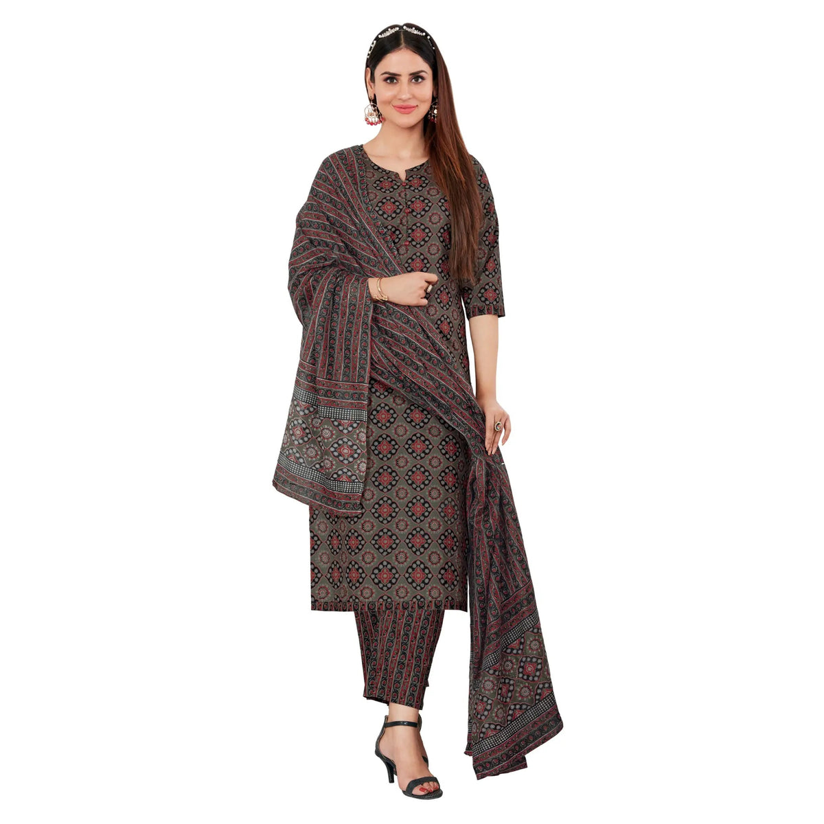 Brown Ajrakh Print Jaipur Kurta Pant Dupatta Set Main image