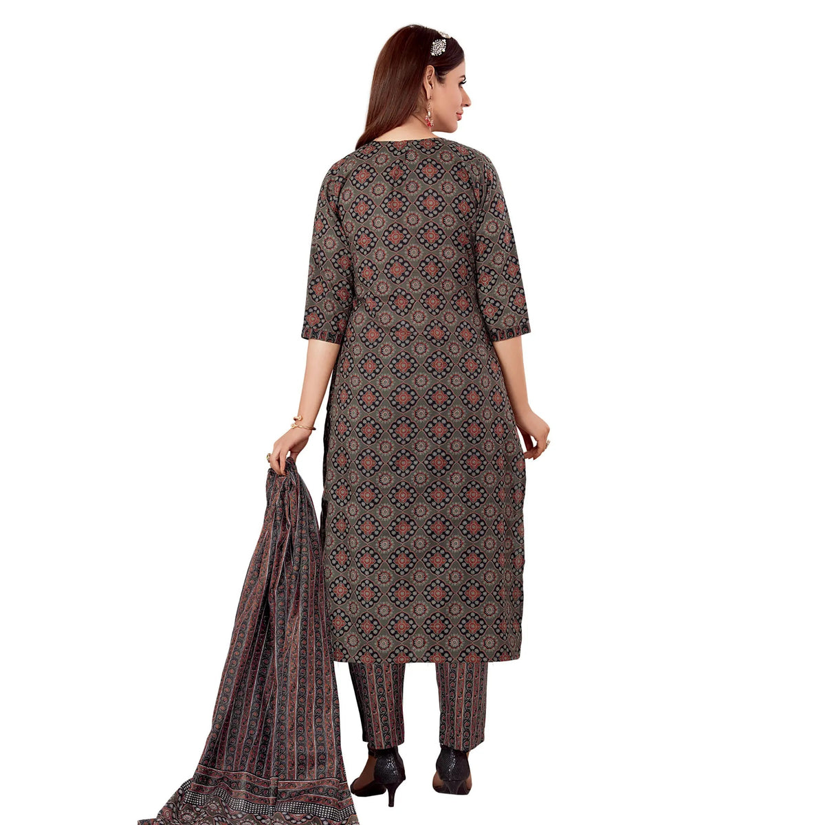 Brown Ajrakh Print Jaipur Kurta Pant Dupatta Set