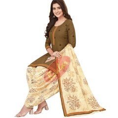 Brown Cotton Unstitched Salwar Suit with Pant and Dupatta