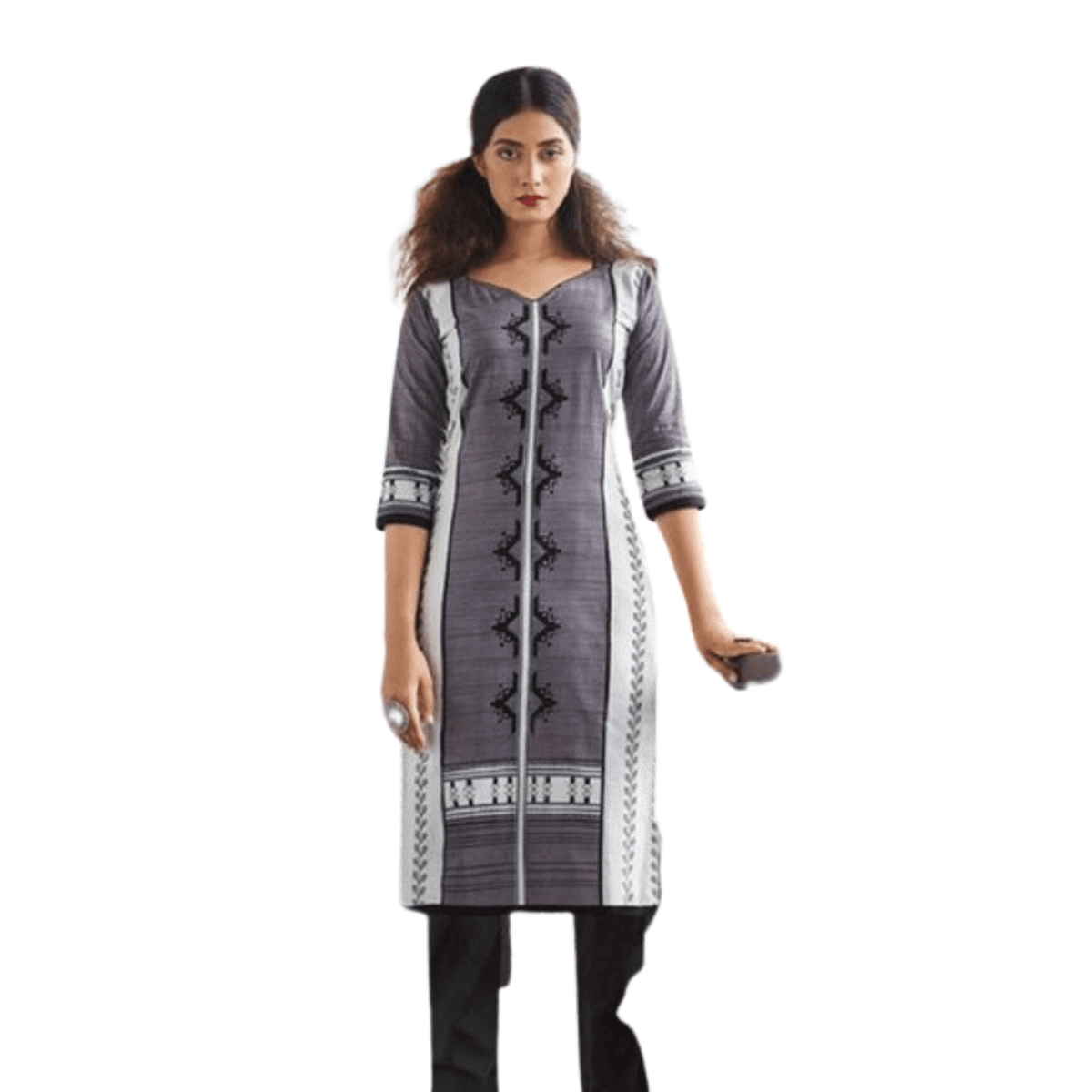Brown U Neck Cotton Printed Straight Cut Kurta Main image