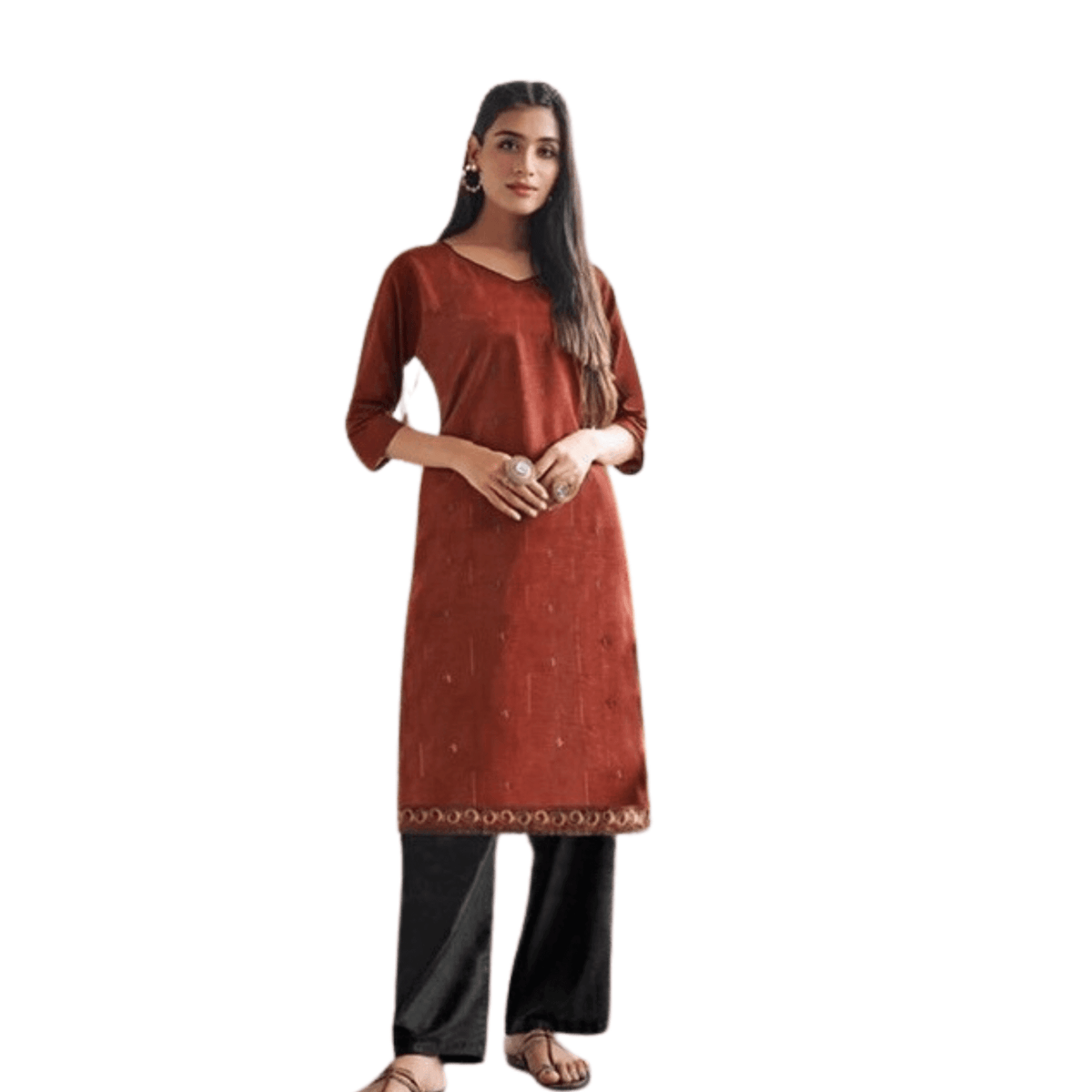 Brown V Neck Cotton Printed Straight Cut Kurta