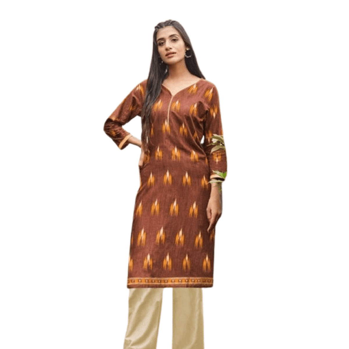 Brown V Neck Cotton Printed Straight Cut Kurta Main image