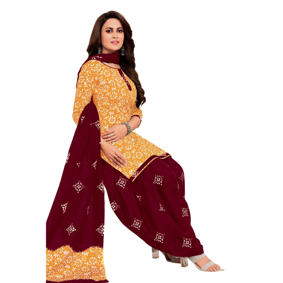 Carrot Orange Batik Print Kurti with Marron Patiala Pant and Dupatta