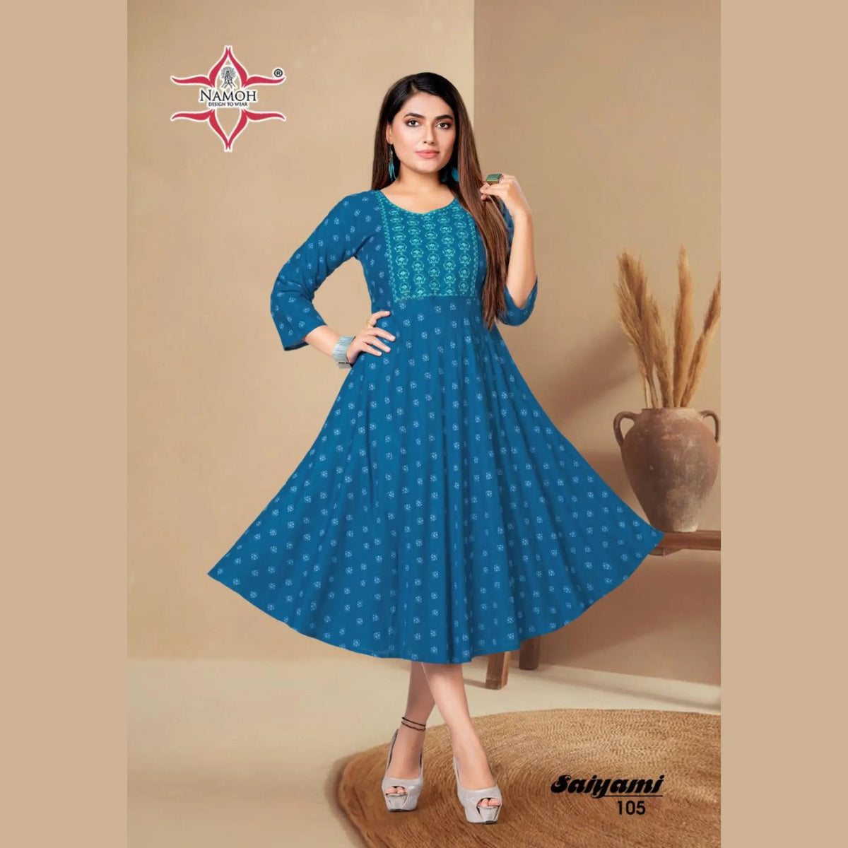Cerulean Blue Fancy Rayon Print Kurti with Embroidery Main image