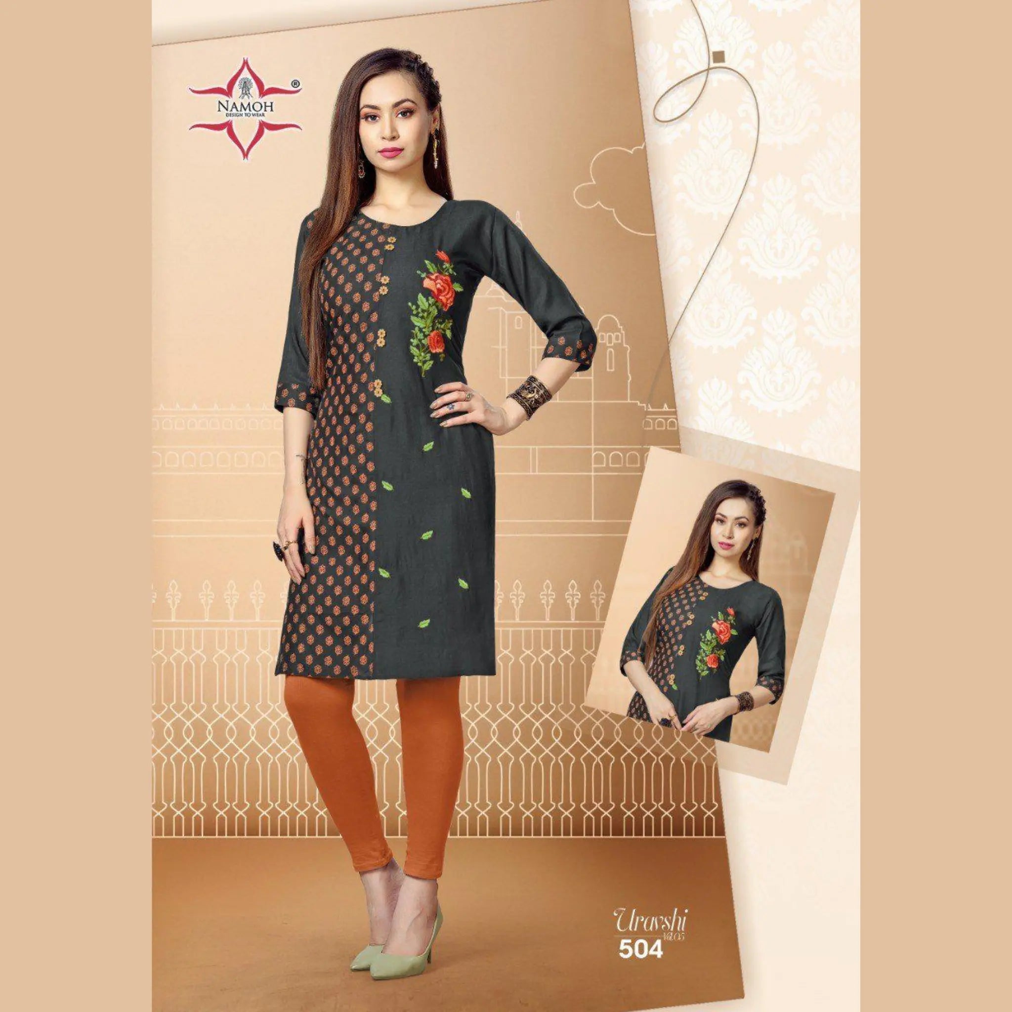 Charcoal Gray Rayon Two Tone Straight Kurti with Embroidery