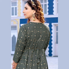 Charcoal Grey U Neck Yoke Pattern Long  Reyon Kurti with Allover Golden Prints