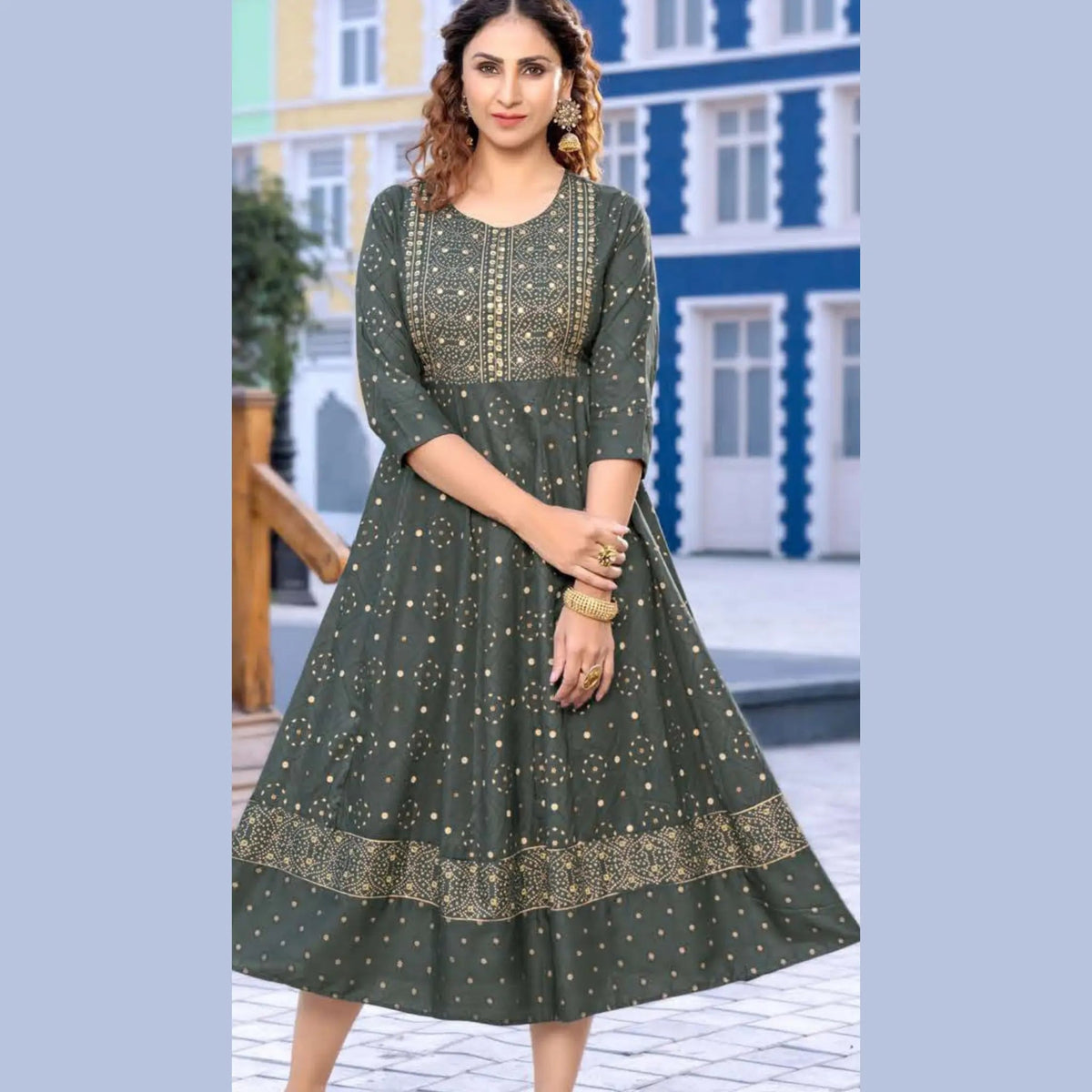 Charcoal Grey U Neck Yoke Pattern Long  Reyon Kurti with Allover Golden Prints Main image