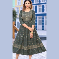 Charcoal Grey U Neck Yoke Pattern Long  Reyon Kurti with Allover Golden Prints