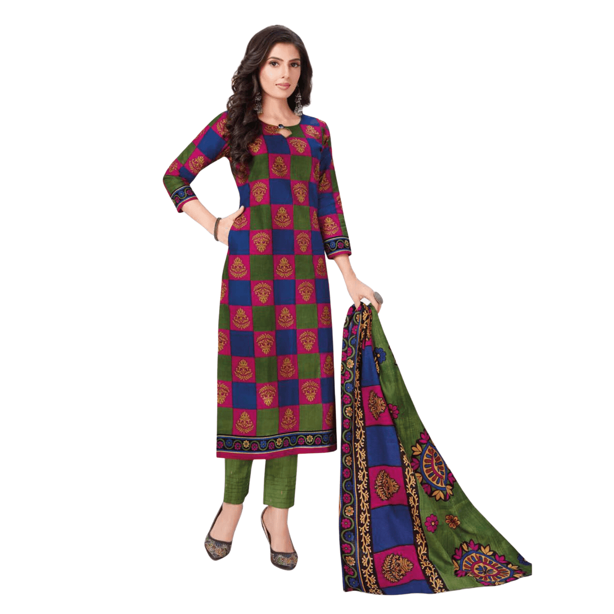 Checked Multicolour Round Neck Keyhole Kurta with Green Normal Pant and Dupatta Main image