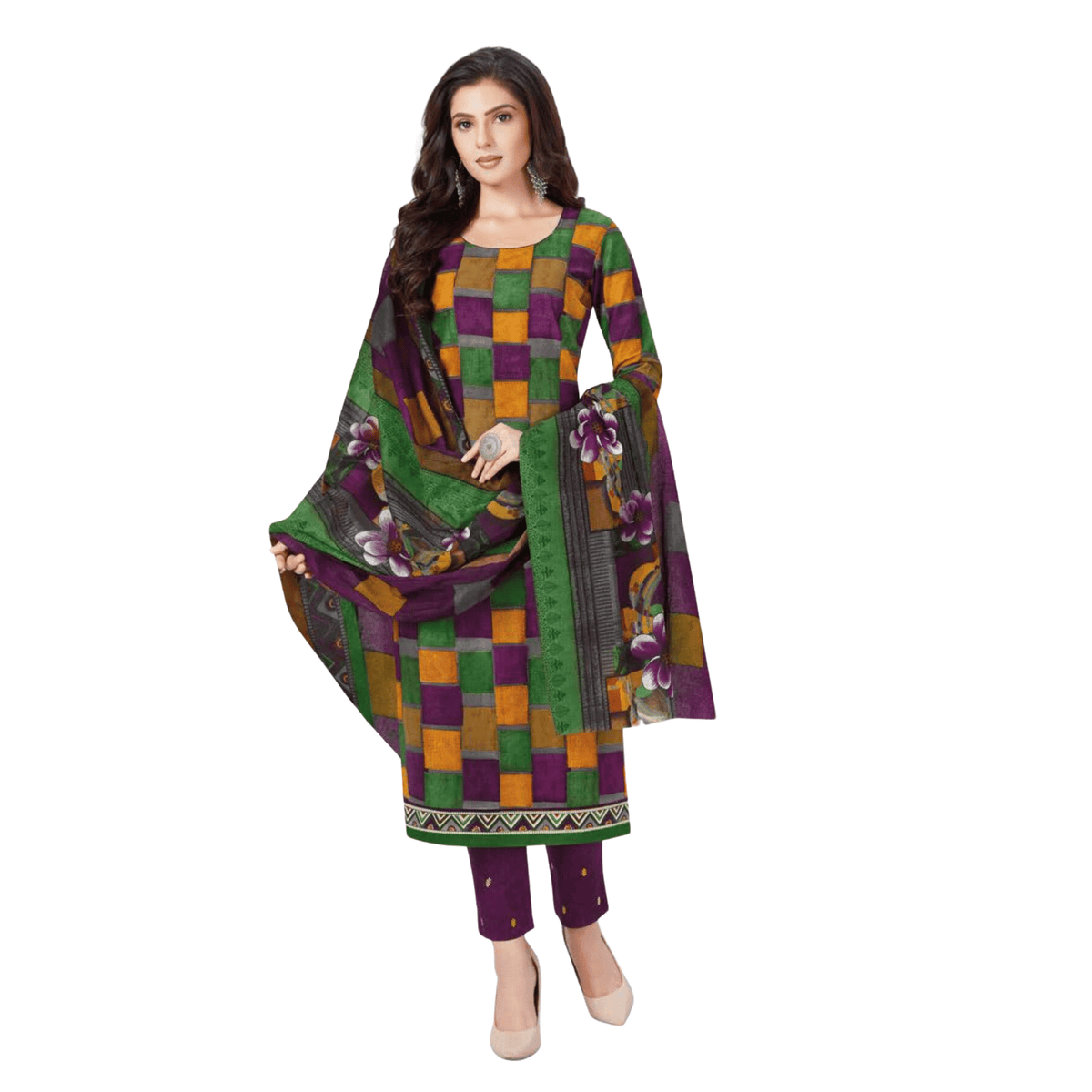 Checked Multicolour U Neck Kurta with Magenta Normal Pant and Dupatta Main image
