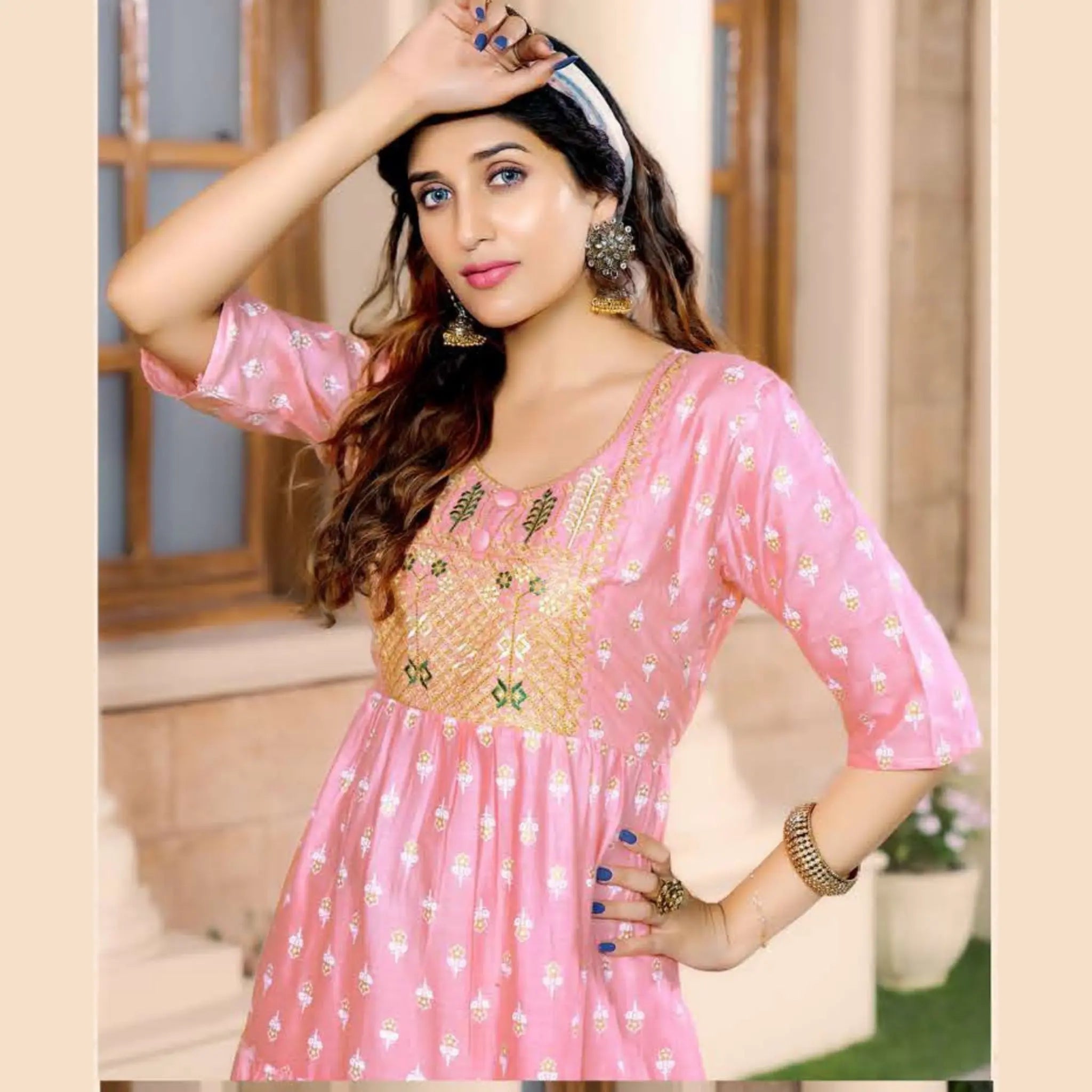 Cherry Blossom Pink Heavy Rayon Slub Print Kurti With Exclusively Embroidery