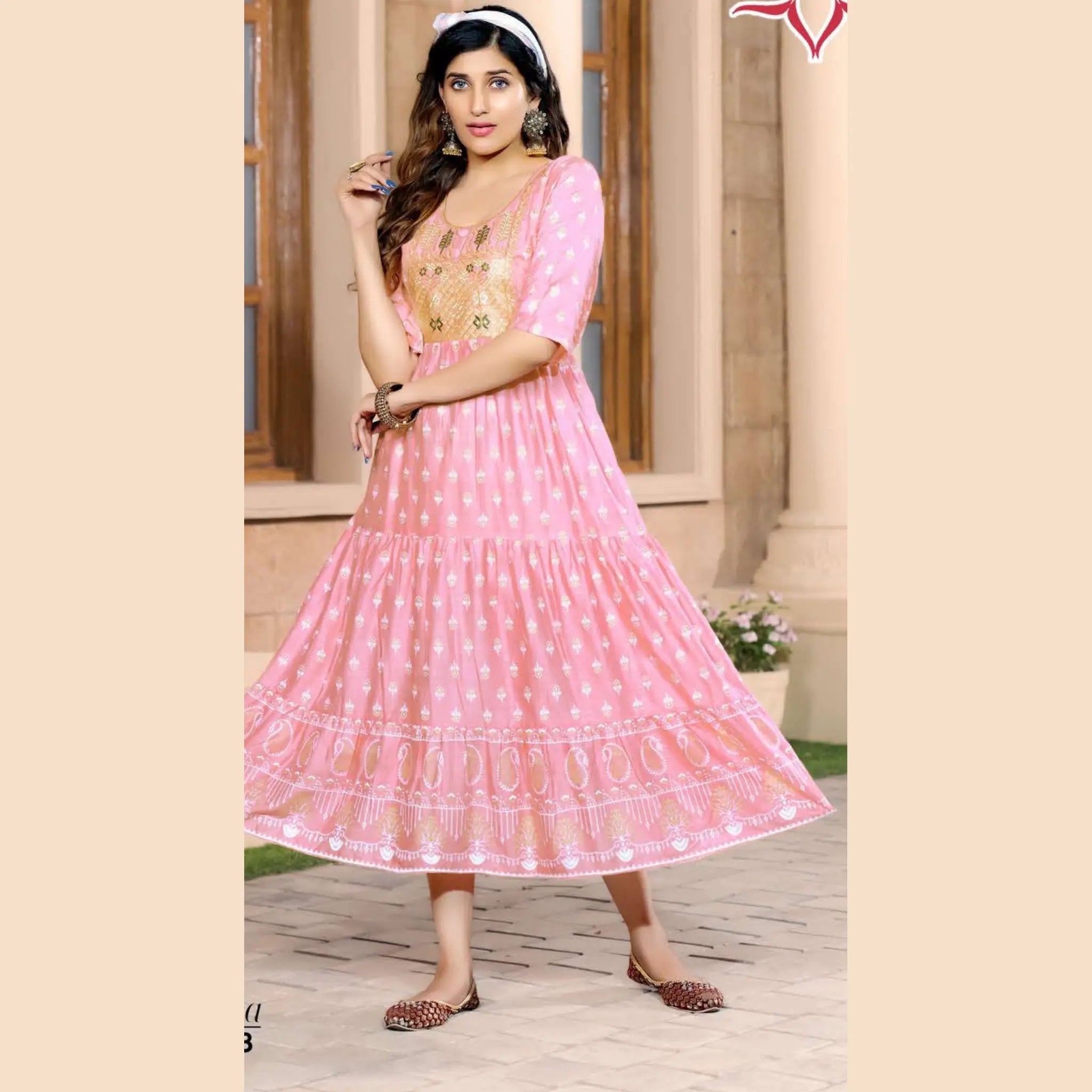 Cherry Blossom Pink Heavy Rayon Slub Print Kurti With Exclusively Embroidery