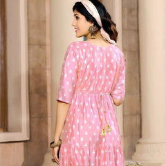 Cherry Blossom Pink Heavy Rayon Slub Print Kurti With Exclusively Embroidery