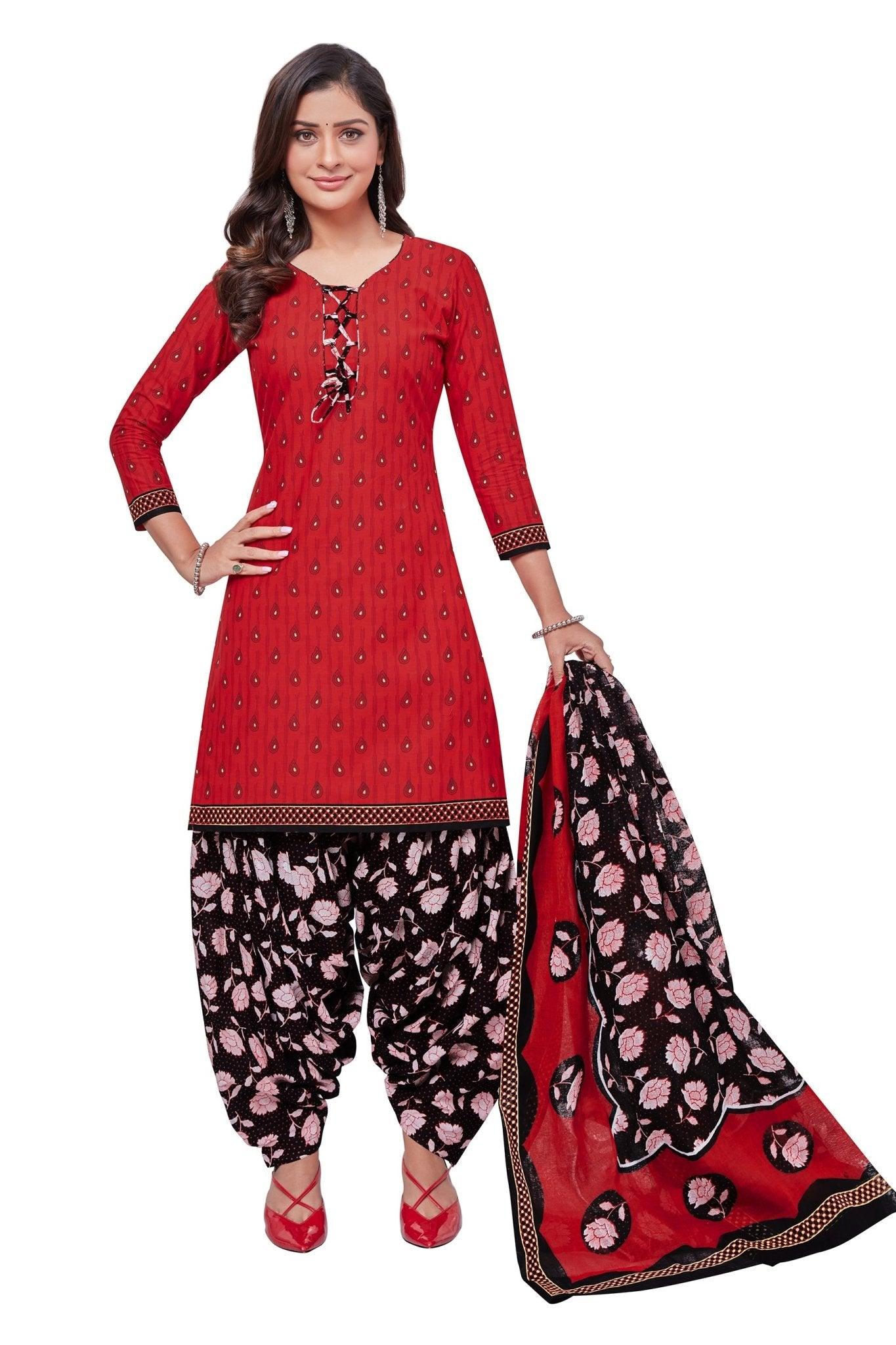 Cherry Red Top with Smoky Black Bottom and Dupatta. Safe to Skin Cotton Patiyala Dress - Bavis Clothing