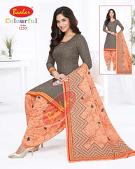 Cloudy Grey Top with Peach Bottom and Dupatta. Soft Cotton Patiala Dress Material Sets. - Bavis Clothing