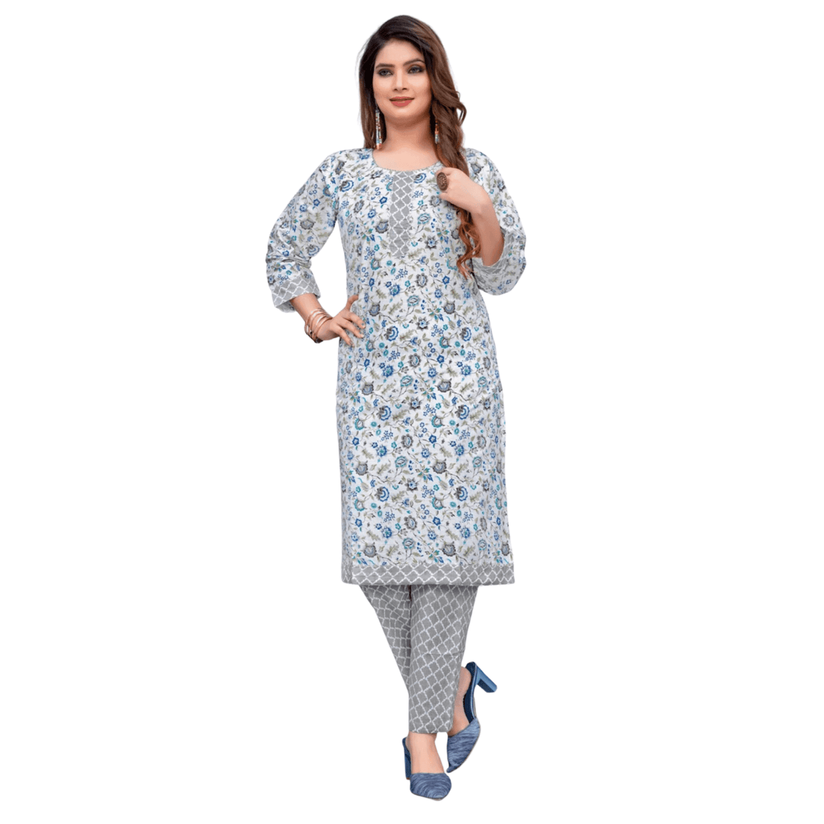 Cotton blue shade kurta with floral allover print and straight pant Main image