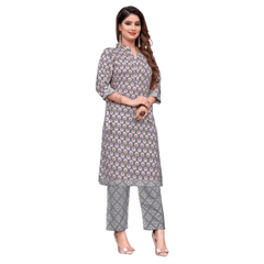 Professional Elegance: Grey Cotton Kurti Pant Set - Readymade with butta print - Bavis Clothing