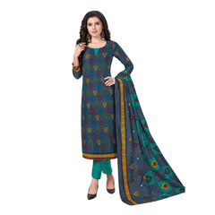 Cyan Blue Floral Motif U Neck Kurta with Deep Aqua Straight Pant and Dupatta