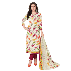 Dairy Cream V Neck Kurta with Maroon Straight Pant and Dupatta