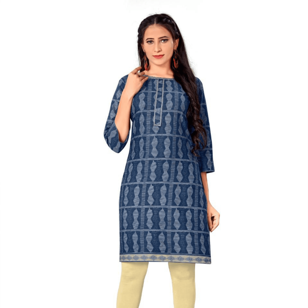 Dark Blue Boat Neck Printed Cotton Kurta Main image
