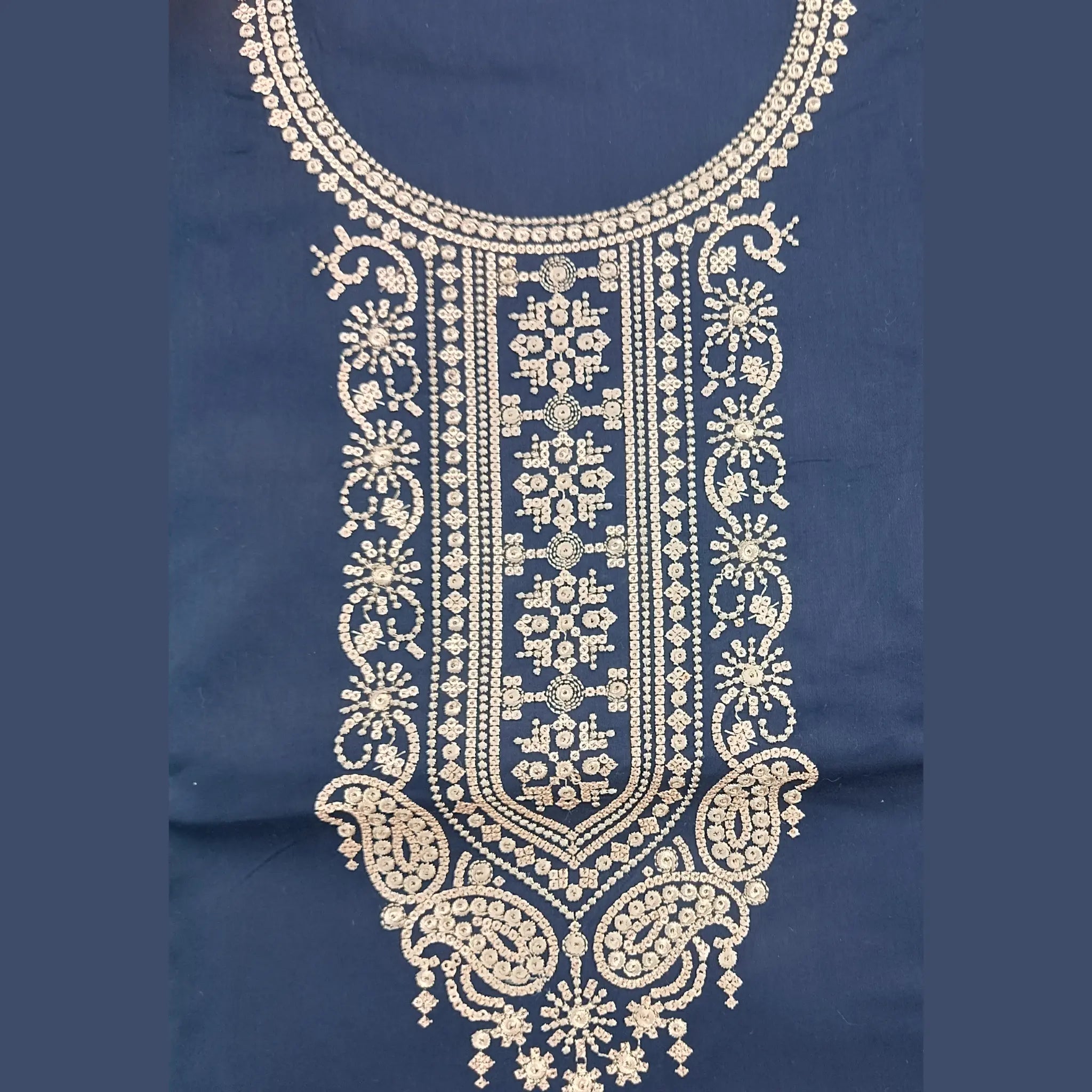 Dark Blue Jam Satin Unstitched Salwar Suit with Pant and Jacquard Dupatta
