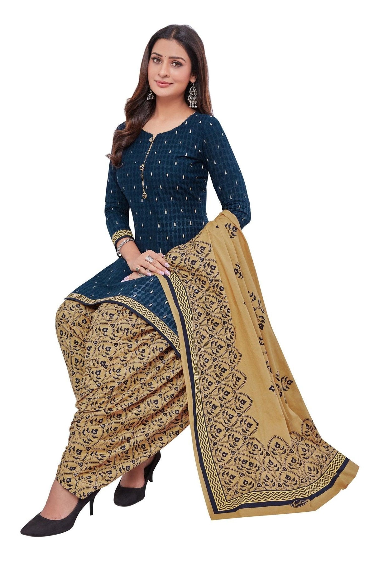Dark Blue Top with Dark Beige Bottom and Duppata. Pure Versatile Cotton Patiyala Dress - Bavis Clothing Main image