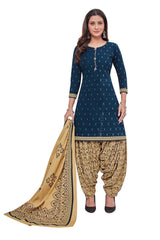 Dark Blue Top with Dark Beige Bottom and Duppata. Pure Versatile Cotton Patiyala Dress - Bavis Clothing