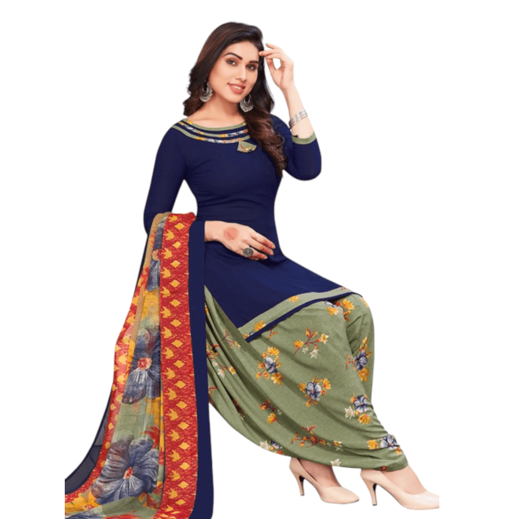 Dark Blue Top with Saga Green Patiala Pant Unstitched Salwar Kameez with Dupatta - Bavis Clothing