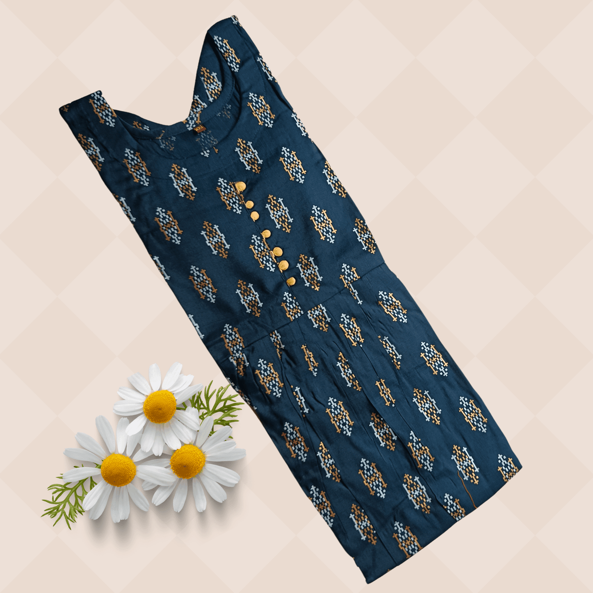 DarkBlueUNeckGoldenMotifPrintKurtiMK1410C Main image