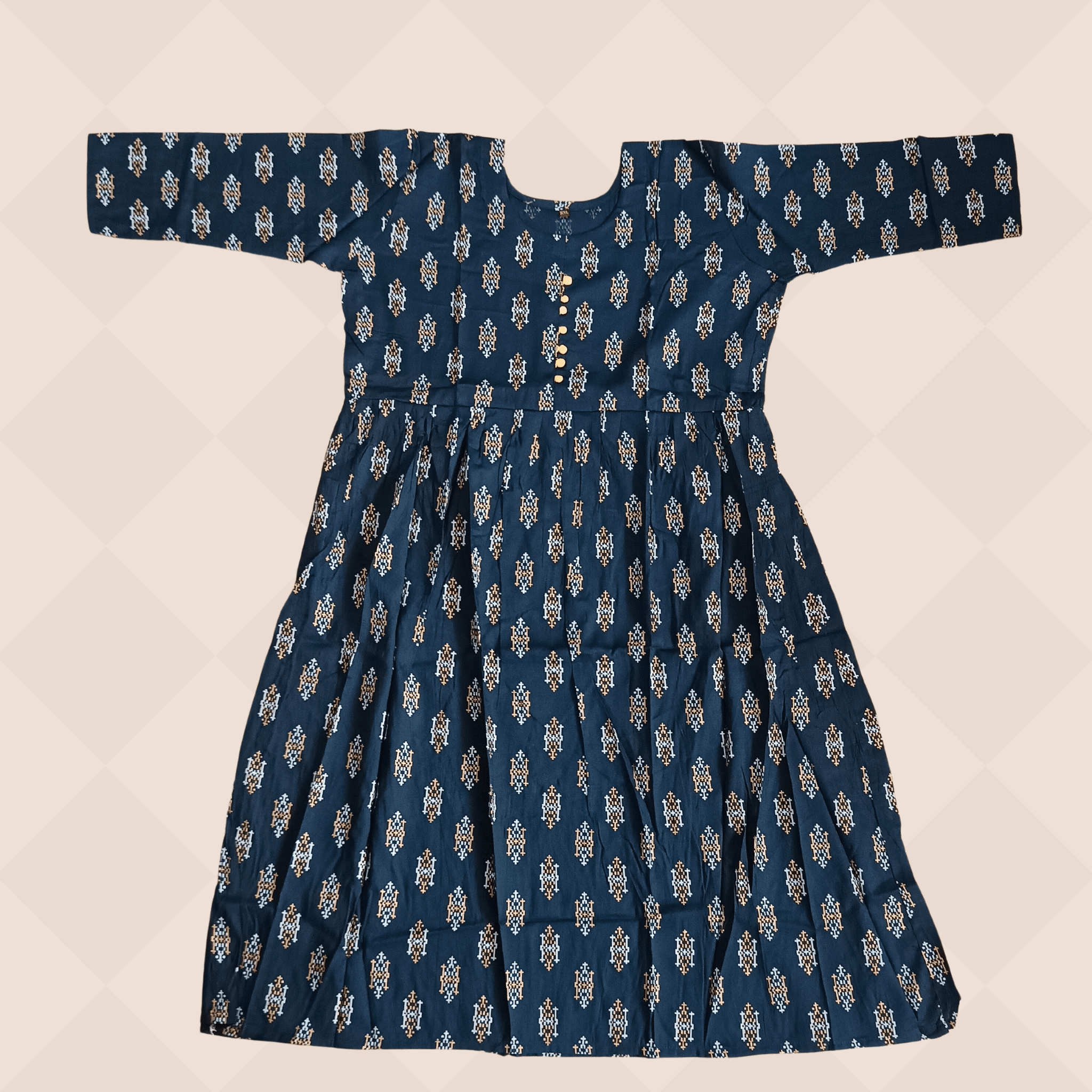 Dark Blue U Neck Golden Motif Print Long Ghera Kurti Secondary image