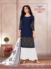 Dark Blue U Neck Rayon Top with White Sharara Pant and Dupatta - Bavis Clothing