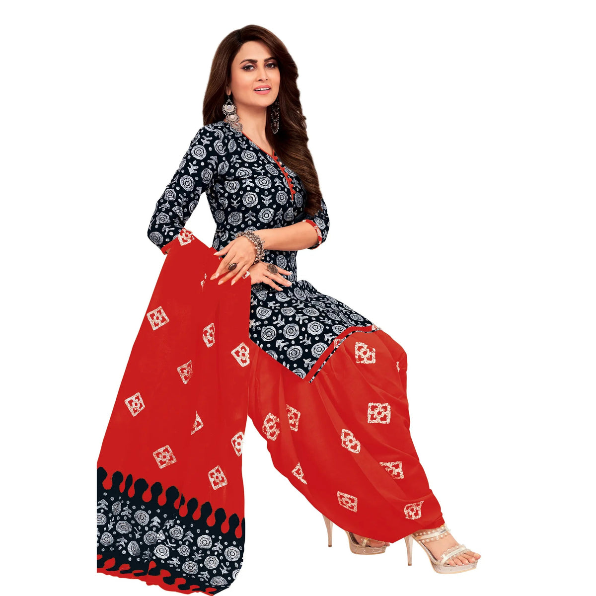 Dark Blue V Neck Kurta with Persian Red Patiyala Pant and Dupatta Main image