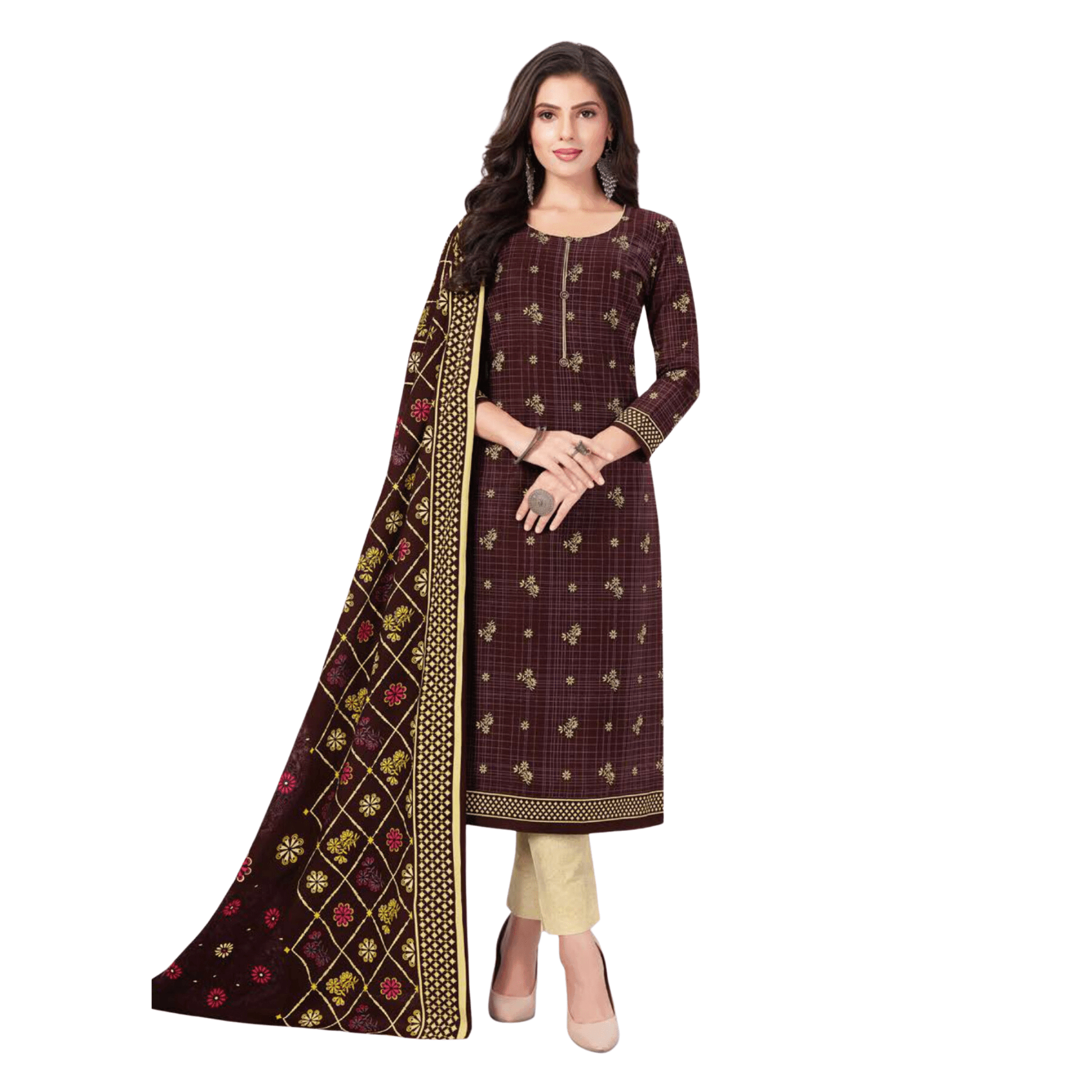 Dark Brown U Neck Kurta with Peach Straight Pant and Dupatta