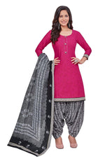 Dark Carnation Pink U Neck Cotton Top with Grey Patilaya Pant and Dupatta(Readymade/Stitched) - Bavis Clothing