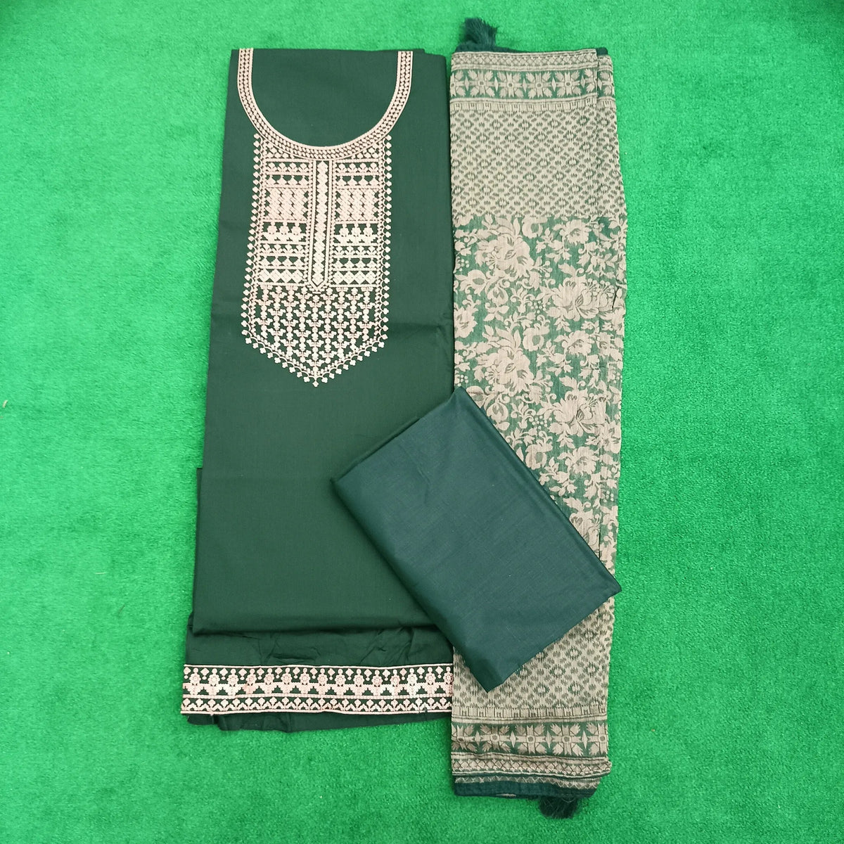 Dark Green Jam Satin Neck & Border Embroidery with Solid Bottom and Jacquard Dupatta - Unstitched Salwar Suit