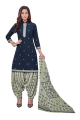 Dark Grey Blue Mandarin collar Cotton Top with Ash Patilaya Pant and Cotton Dupatta(Readymade/Stitched) - Bavis Clothing