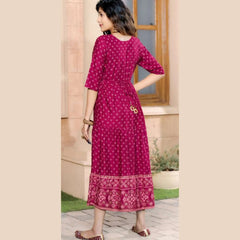 Dark Pink Heavy Rayon Slub Print Kurti With Exclusively Embroidery