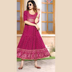 Dark Pink Heavy Rayon Slub Print Kurti With Exclusively Embroidery