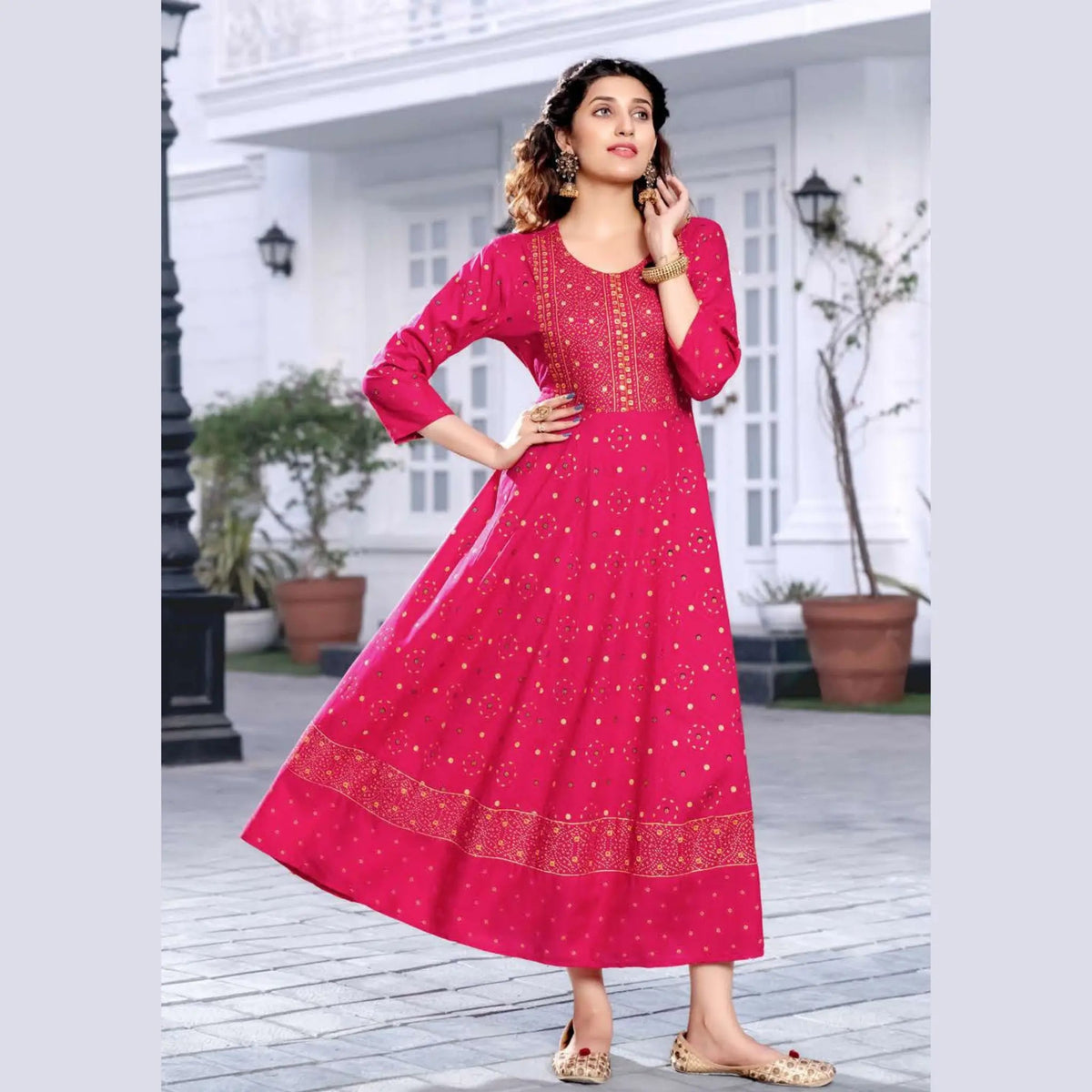 Dark Pink U- Neck Yoke Pattern Long  Reyon Kurti with Allover Golden Prints Main image