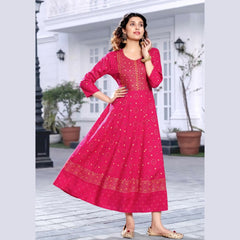 Dark Pink U- Neck Yoke Pattern Long  Reyon Kurti with Allover Golden Prints