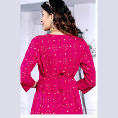 Dark Pink U- Neck Yoke Pattern Long  Reyon Kurti with Allover Golden Prints