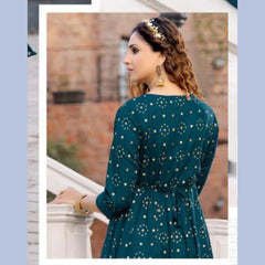 Dark Teal U- Neck Yoke Pattern Long  Reyon Kurti with Allover Golden Prints