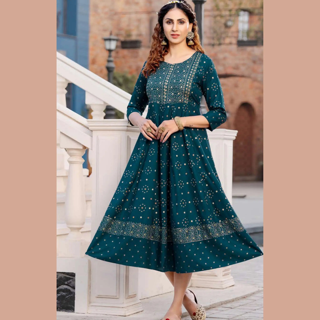 Dark Teal U- Neck Yoke Pattern Long  Reyon Kurti with Allover Golden Prints
