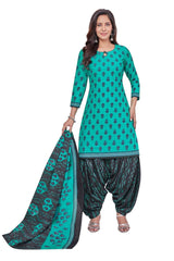 Dark Turquoise Cotton U-Neck Keyhole Top with Dark Grey Patiyala Pant and Dupatta(Readymade/Stitched) - Bavis Clothing