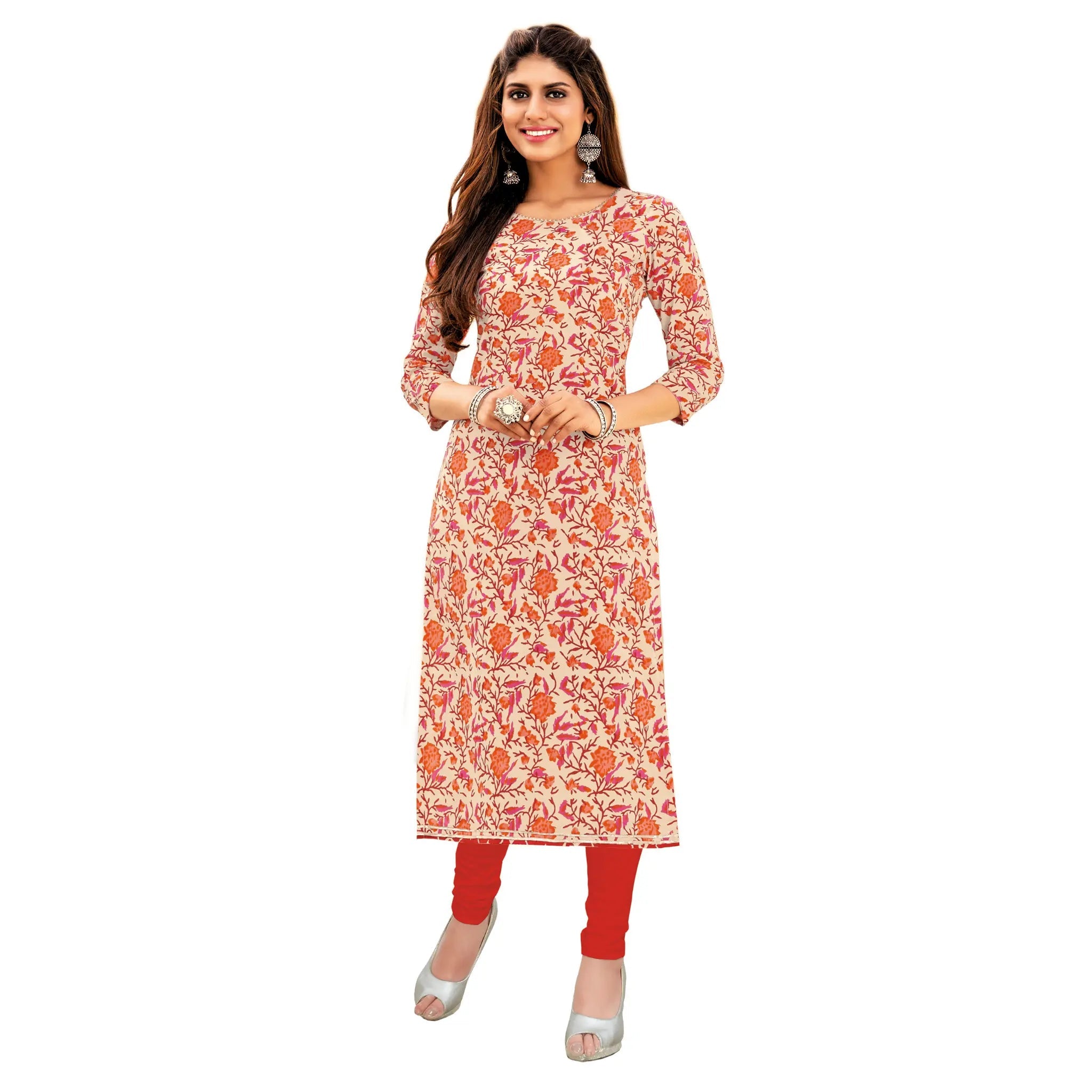 Deep Peach Floral Print Cotton Straight Kurti Main image
