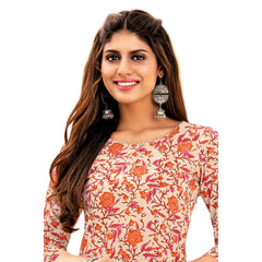 Deep Peach Floral Print Cotton Straight Kurti