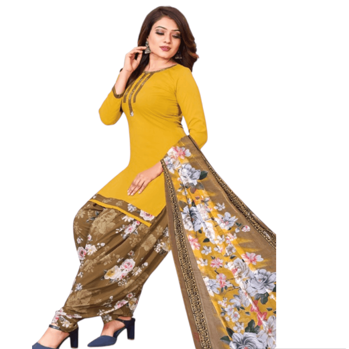 Buy Deep Yellow Salwar Kameez with Light Brown Patiala with Dupatta - Bavis Clothing Main image
