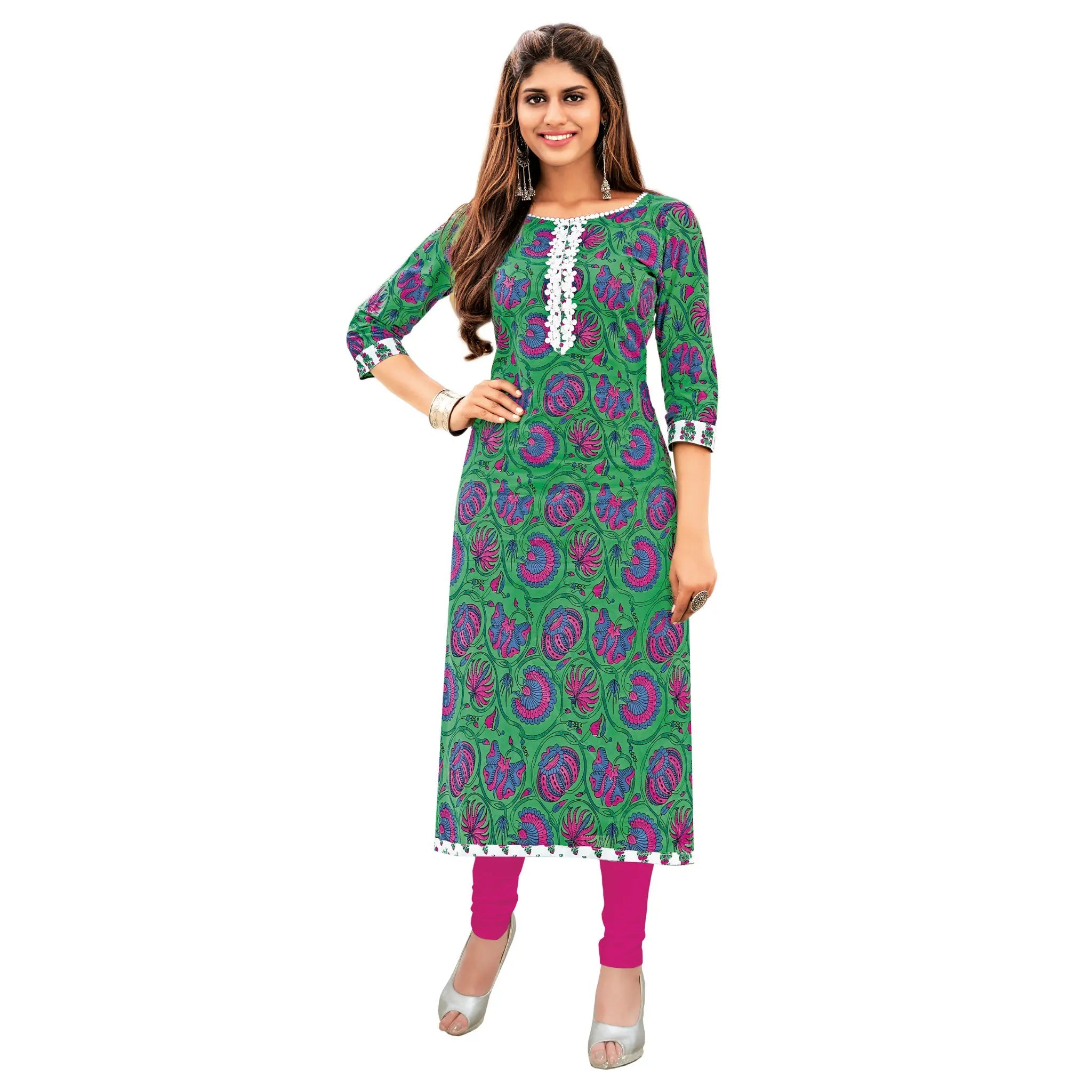 Dusty Green Printed Cotton Long Kurti Main image