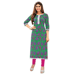 Dusty Green Printed Cotton Long Kurti